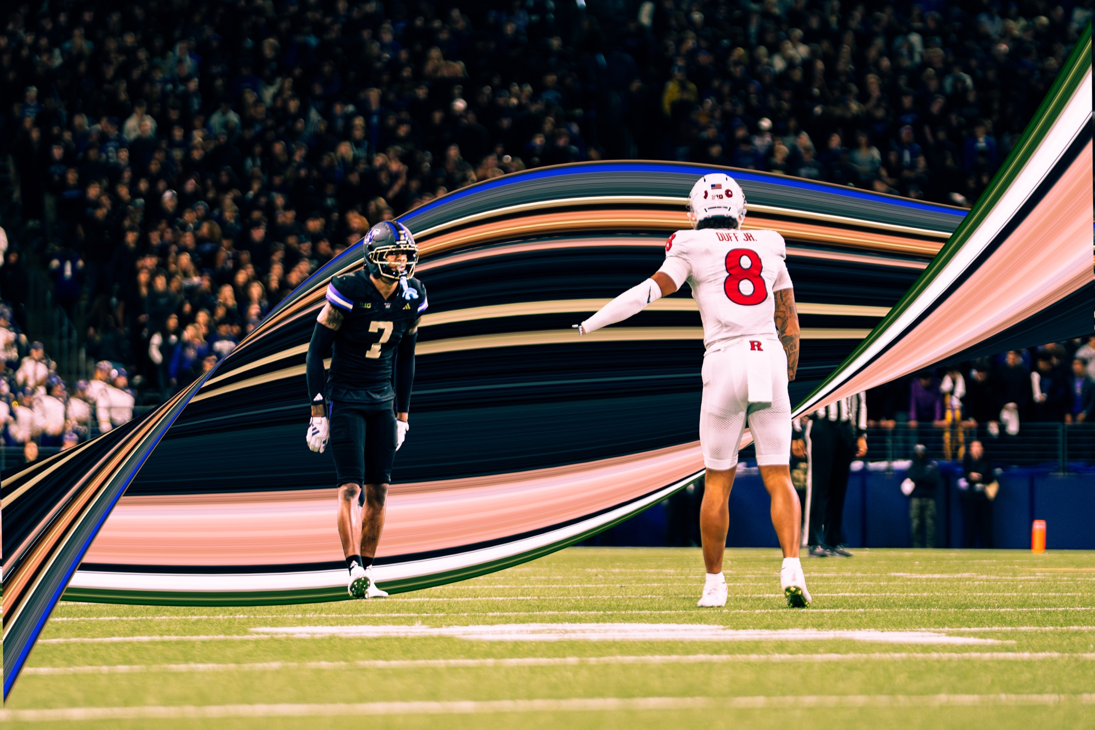 Surreal edited photograph of Washington and Rutgers players facing one another